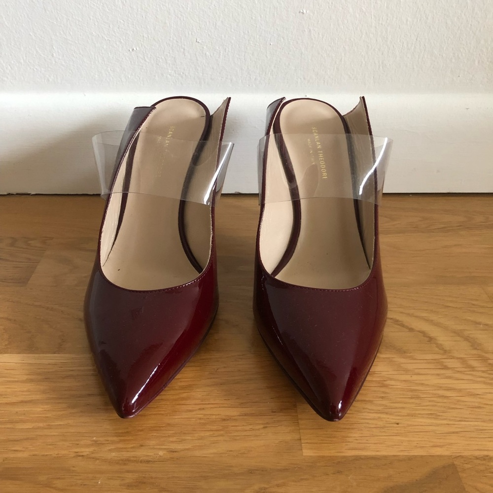 SCANLAN THEODORE Burgundy Patent Mules Heels NEW - 36